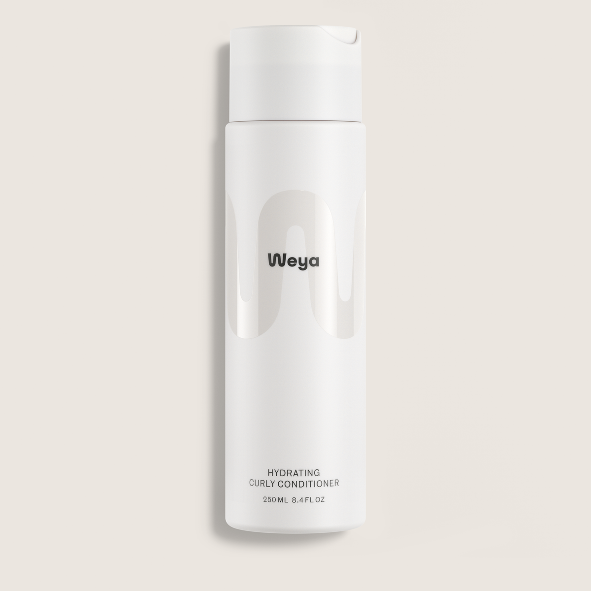 A white cylindrical bottle of Weya Hydrating Curly Conditioner, featuring a minimalist design with a black logo and text, set against a solid light beige background.