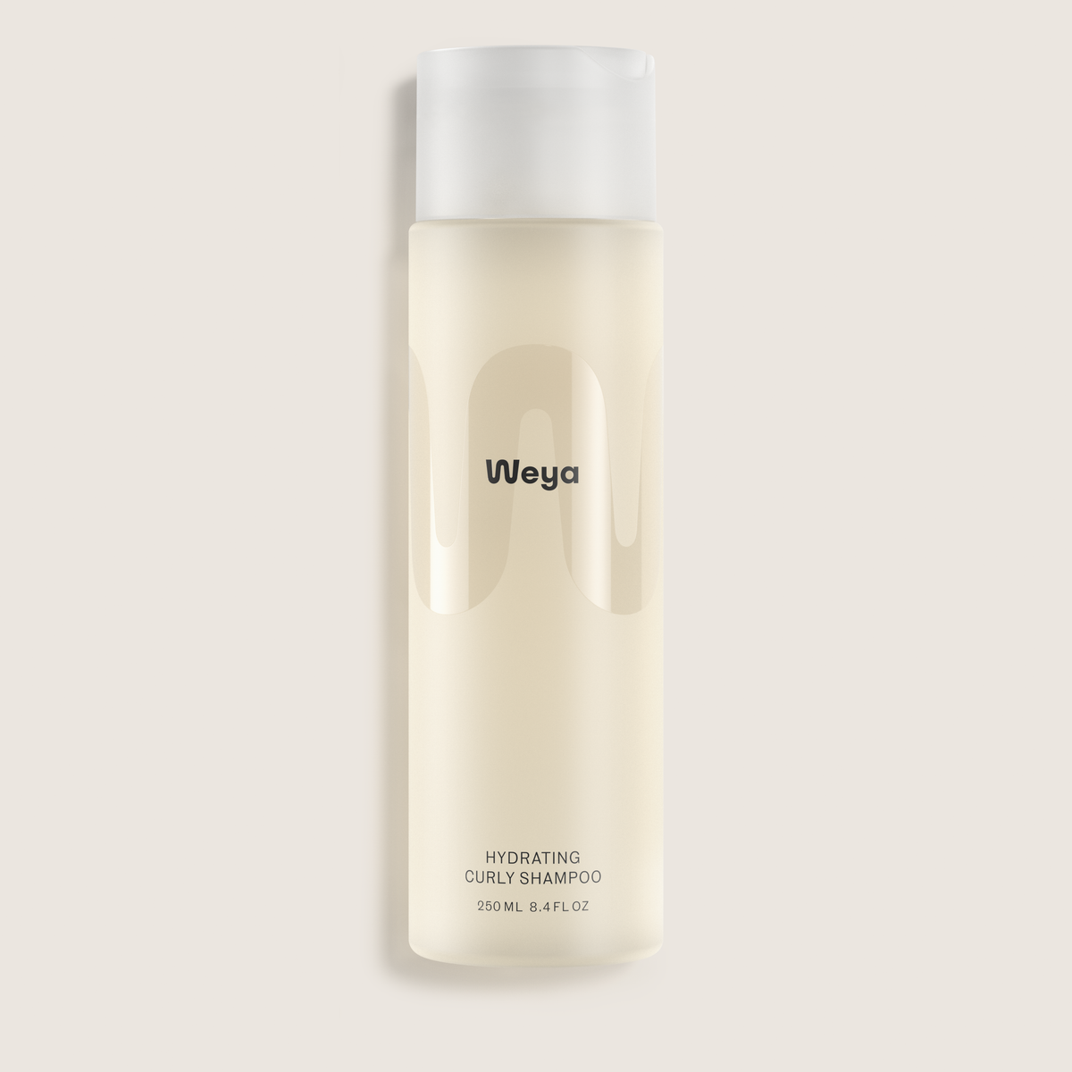 A 250ml bottle of Weyo Hydrating Curl Shampoo, featuring a frosted off-white body and a translucent white cap, set against a solid light beige background.