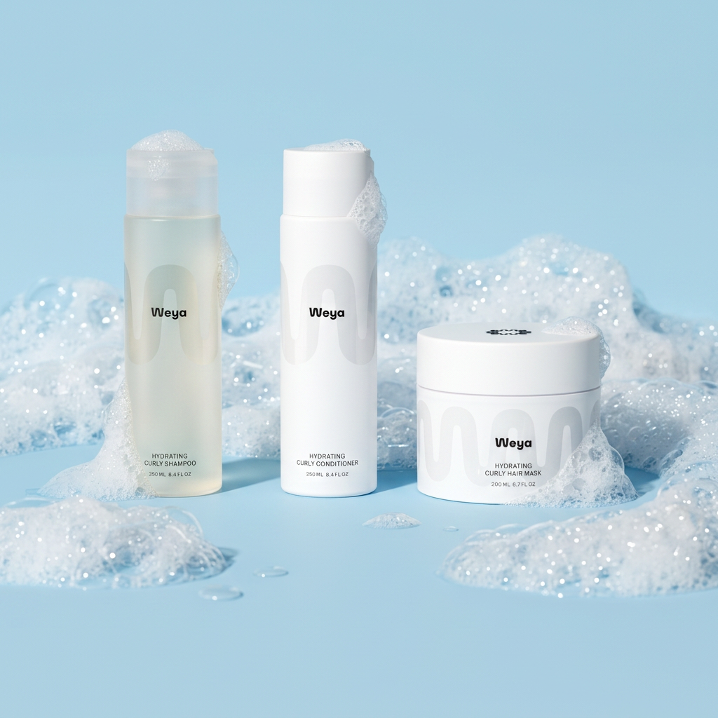 Three Weyo skincare bottles and a jar arranged on a light blue surface with white foam around them. The products are white and translucent, with black text and minimalist design.