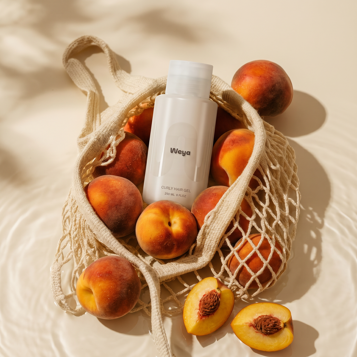 Transparent bottle labeled 'Waya' with peaches in a mesh bag on a beige background