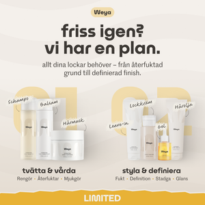 Promotional graphic for Weya hair care products in Swedish, showing multiple white and clear bottles, jars, and tubes arranged on a beige background with large decorative numbers and text labels for different haircare steps.