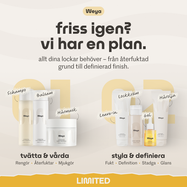 Promotional graphic for Weya hair care products in Swedish, showing multiple white and clear bottles, jars, and tubes arranged on a beige background with large decorative numbers and text labels for different haircare steps.