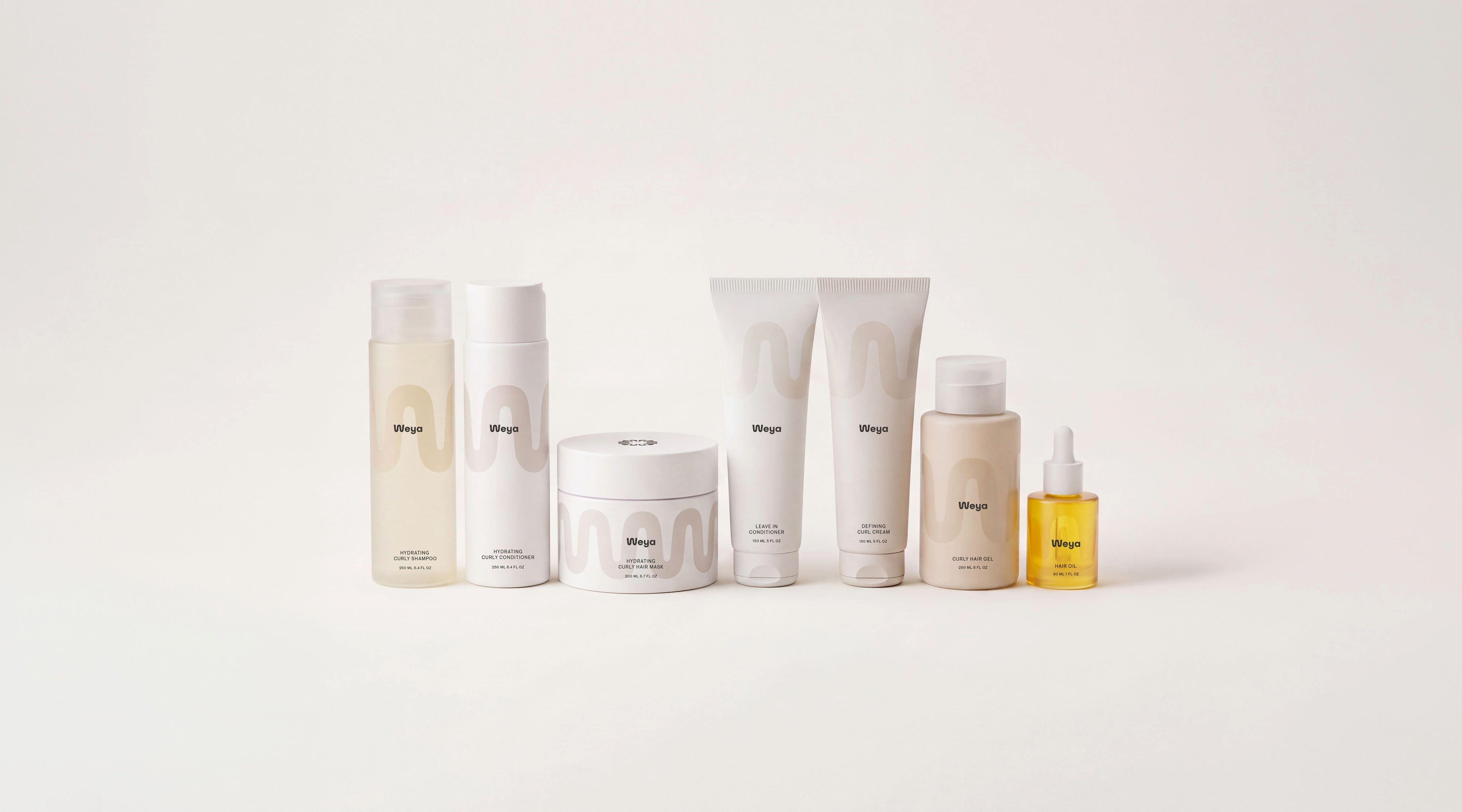 A set of seven skincare products from the brand Muye, including bottles, jars, and tubes in neutral white, beige, and soft yellow tones, arranged on a seamless light background.