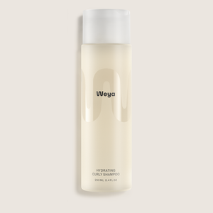A 250ml bottle of Weyo Hydrating Curl Shampoo, featuring a frosted off-white body and a translucent white cap, set against a solid light beige background.