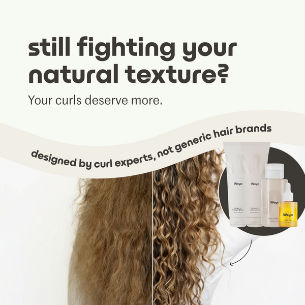 Advertisement for hair care products with curly hair and text about natural texture and expert design.