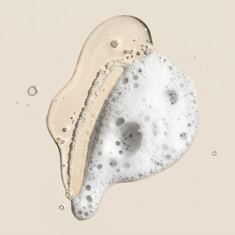 A close-up studio shot of a translucent beige liquid with white foam and small bubbles on a warm beige background.